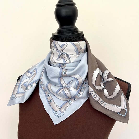 New Gucci Logo Chains Color-Block Brown Blue Silk Scarf - Picture 9 of 12